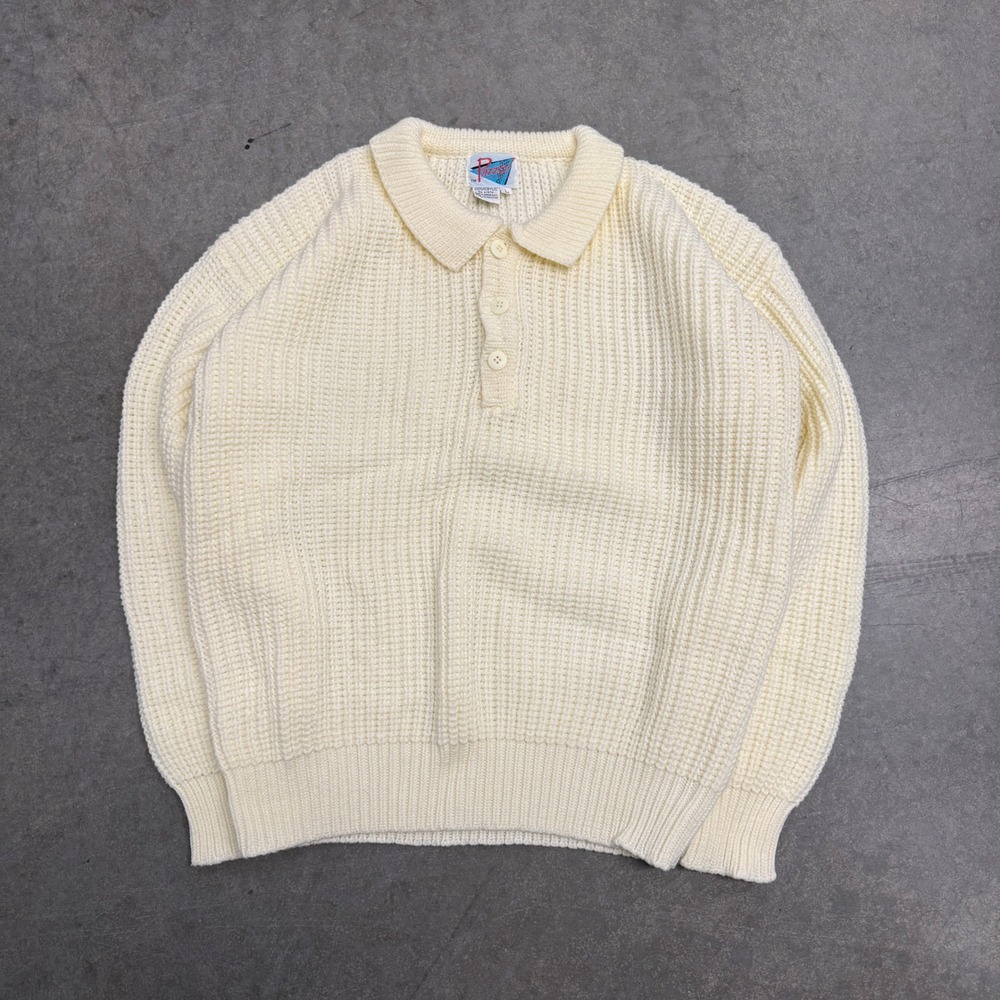 Vintage Pazzo Mens Large Cream Waffle Knit Polo Sweater Acrylic Long Sleeve 80s